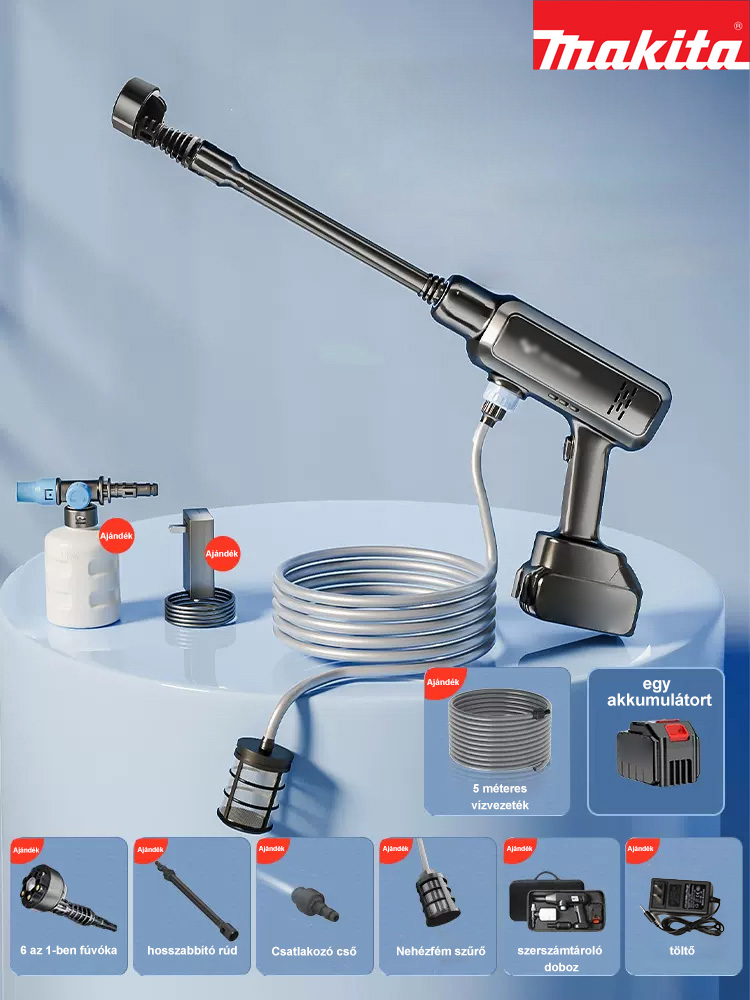 [21V eredeti Makita vezeték nélküli nagynyomású vízpisztoly] Teljesítmény 600W, hatótáv akár 10 méter, 1 db 5C akkumulátor 1 töltő, ingyenes teljes készlet tartozékok
