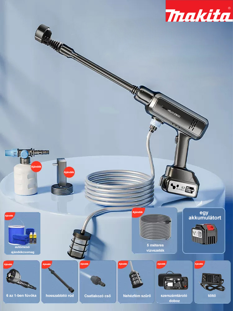 [36V eredeti Makita vezeték nélküli nagynyomású vízpisztoly] Teljesítmény 1000W, hatótáv akár 15 méter, 1 db 5C akkumulátor, 1 töltő és egy komplett tartozékkészlet